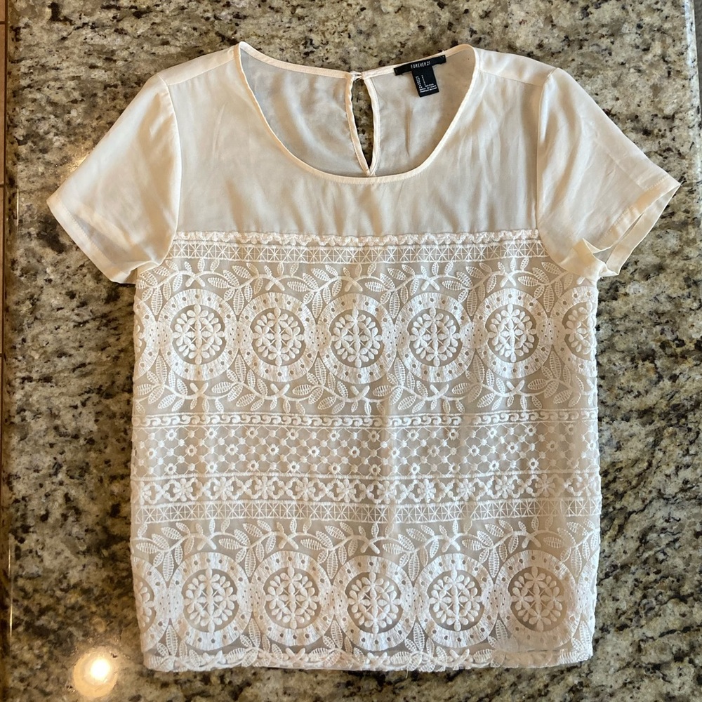 Forever 21 Off-White Sheer Lace Blouse, Size Small